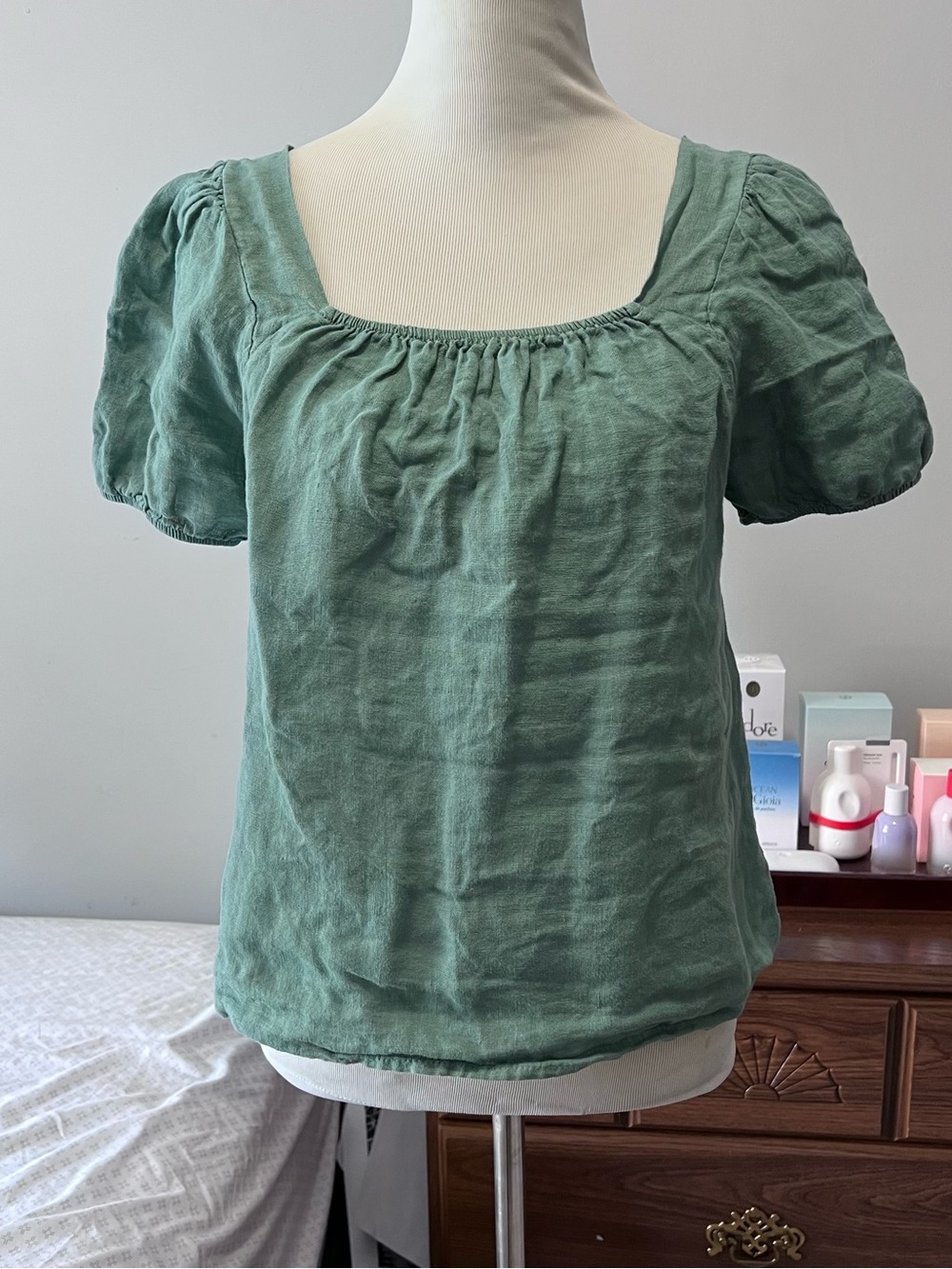 Bellambra Puff Sleeve Blouse Womens Medium Green Square Neck Linen Italy Top